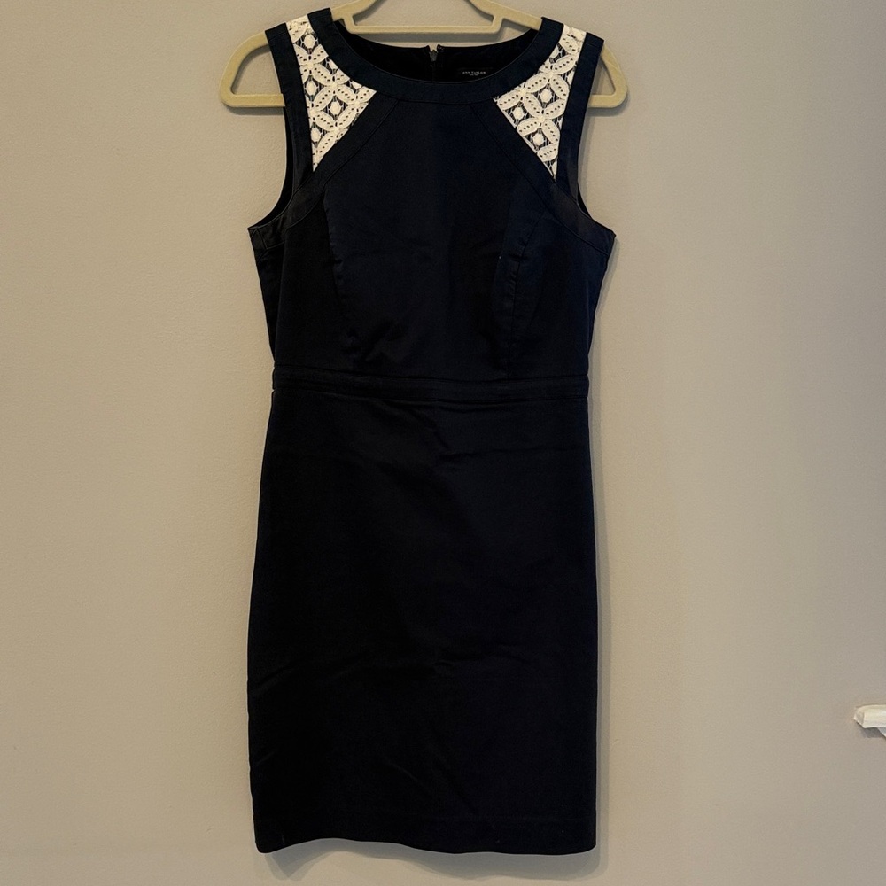 Ann Taylor Black Sheath Dress with White Lace Insets